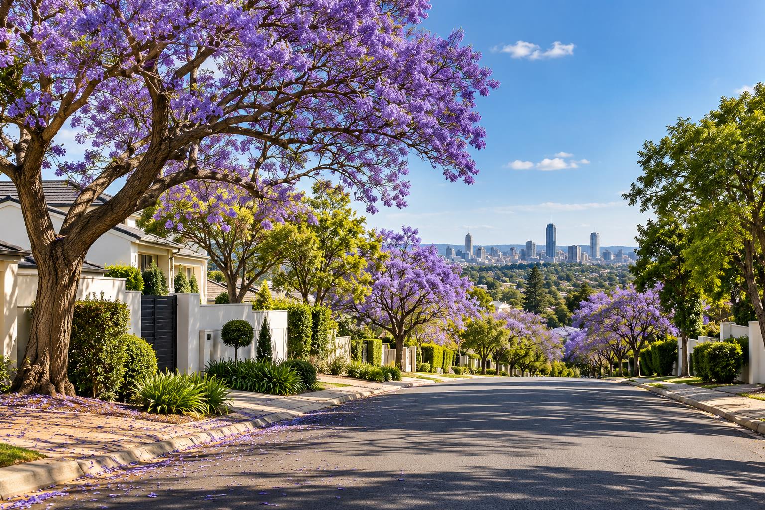 Illustrative Gauteng-inspired residential street with jacaranda trees